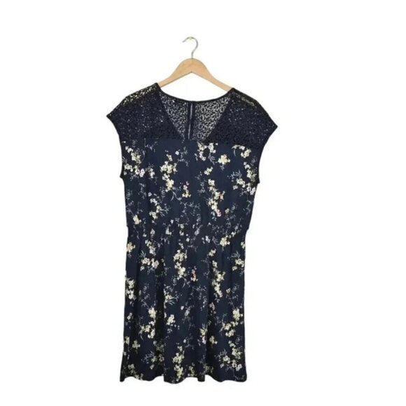 NWT Reitman's Elastic Waist Printed Dress With Crochet Inserts Navy Blue Large - Picture 8 of 13